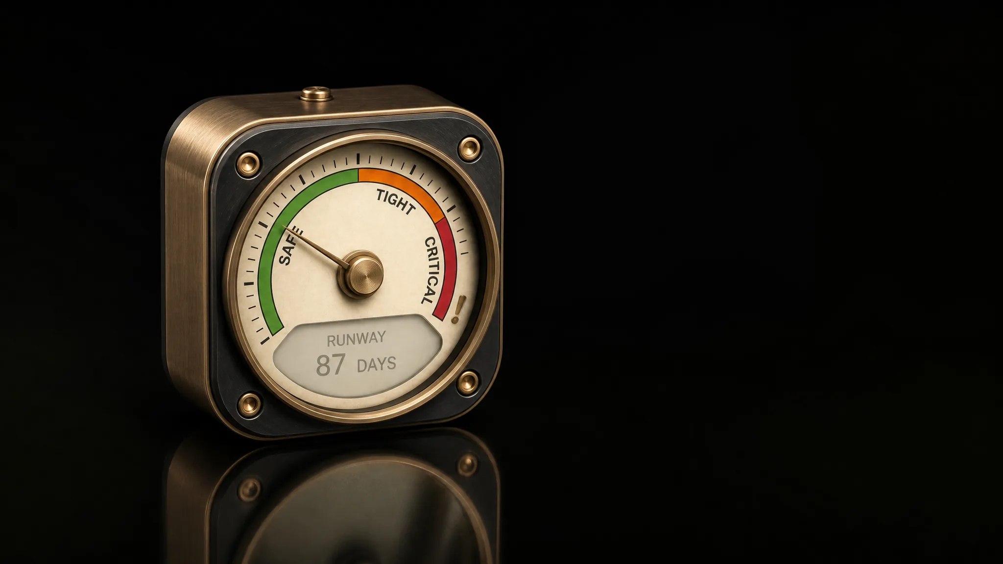Baro — a brass desk gauge showing 87 days of cash runway, needle in the safe zone