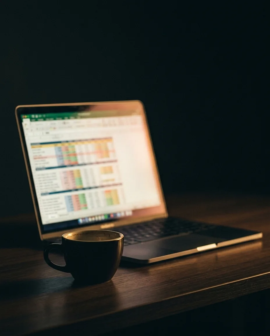 A founder's desk at night, buried in spreadsheets